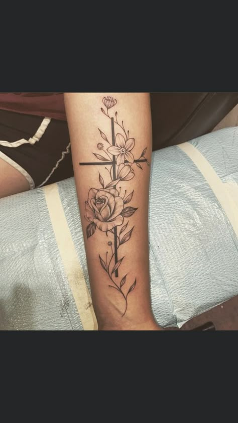 Agressive Tattoos For Women, Family Half Sleeve Tattoos For Women, Womens Cross Back Tattoos, Female Patchwork Tattoo Sleeve, Scripture Forearm Tattoo Women, Realism Feminine Tattoo, Cross Half Sleeve Tattoo For Women, Christian Half Sleeve Tattoos For Women, Christian Shoulder Tattoos For Women