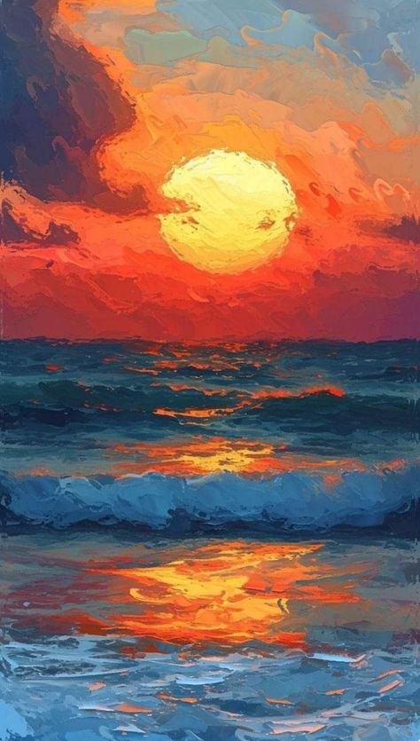 Oil Pastel Tutorial Step By Step, Oil Pastel Drawings Landscapes, Sea Scapes Paintings, Sunset Sea Painting, Sea Sunset Painting, Paint The Ocean, Ocean Sunset Painting, Sunset Oil Painting, Art Painting Watercolor