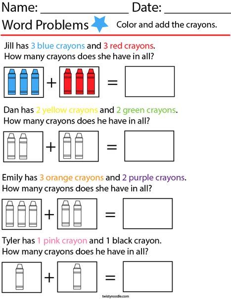 Crayon Addition Word Problems- Kindergarten Math Worksheet - Twisty Noodle Inquiry Based Learning Kindergarten, Word Problems Kindergarten, Kindergarten Math Worksheets Addition, First Grade Words, Addition Words, Addition Word Problems, 3rd Grade Math Worksheets, Cvc Words Kindergarten, Mathematics Worksheets