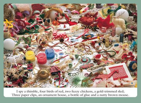 I Spy a Thimble, 4 Birds of Red, 2 Fuzzy Chickens, a Gold-Trimmed Sled,  3Paper Clips, an Ornament House, a Bottle of Glue & a Nutty Brown Mouse. Spy Books, I Spy Books, I Spy Games, Summer Reading Program, I Spy, 90s Kids, Christmas Books, Christmas In July, Inspirational Books