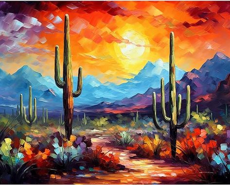 Amazon.com: Tucocoo Saguaro Cacti Paint by Number for Adults, DIY Digital Oil Painting Kits on Canvas with Brushes and Acrylic Pigment Arizona Desert Landscape Picture for Home Decor Gifts 16x20inch (Frameless) : Tools & Home Improvement Mexico Landscape Painting, Watercolor Desert Landscape Tutorial, Desert Painting Ideas, Desert Painting Acrylic Easy, Southwest Art Paintings, Arizona Painting, Desert Paintings, Paint By Number For Adults, Desert Landscape Art