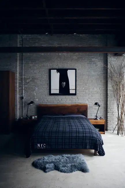 Picture Of a moody masculine bedroom with a grey brick statement wall and chic mid century modern furniture Brick Wall Behind Bed, Moody Masculine Bedroom, Brick Bedroom Wall, Grey Brick Wall, Brick Wall Bedroom, Brick Bedroom, Wall Behind Bed, Gray Brick, Masculine Bedroom