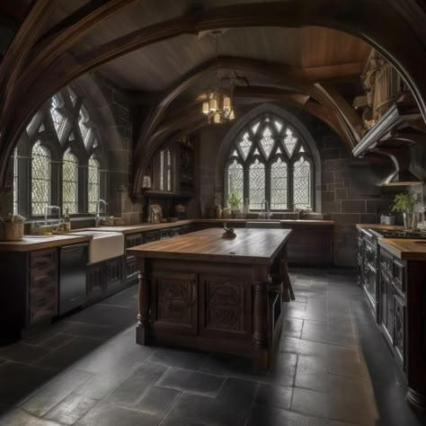 Medieval Inspired House Interior, Gothic Architecture Kitchen, Gothic Rustic Home, Gothic Home Architecture, Gothic Brick House, Gothic Interior Architecture, Gothic Flooring, Gothic Barndominium, Gothic Architecture House