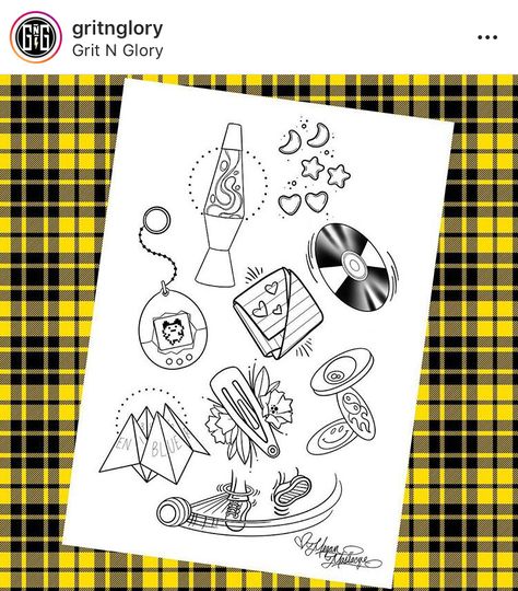 2000s Theme Tattoo, 90s Tattoos Black And White, 80s Flash Tattoo, 70s Flash Tattoo, Themed Flash Sheets, 90s Childhood Tattoo Ideas, 2000s Flash Tattoo, 90s Themed Tattoo, 90s Cartoon Flash Tattoo