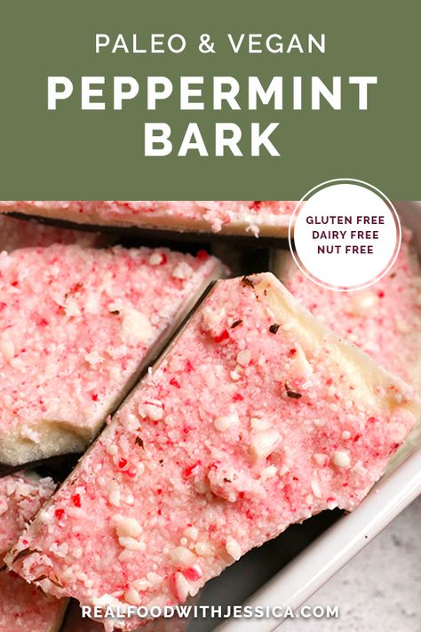 This Paleo Vegan Peppermint Bark is simple, quick, and such a delicious treat. It is no-bake, gluten free, dairy free, and naturally sweetened. #paleo #glutenfree #healthy #nutfree #dairyfree #vegan | realfoodwithjessica.com @realfoodwithjessica Vegan Peppermint Bark, Paleo Roast, Paleo Christmas, Pretzel Bark, Strawberry Oatmeal Bars, Strawberry Oatmeal, Dairy Desserts, Paleo Cookies, Vegan Kids