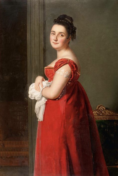 Femme à la robe rouge by French school (auctioned by Drouot). From their Web site. 1820s Fashion, Regency Gown, Regency Era Fashion, Era Fashion, 1800s Fashion, Red Cottage, Regency Dress, Regency Fashion, Anna Karenina