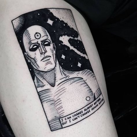 Comic Book Style Tattoo, Comic Book Tattoo Ideas, Dr Manhattan Tattoo, Comic Art Tattoo, Tattoo Comic Style, Comic Strip Tattoo, Comic Tattoo Ideas, Comic Style Tattoo, Watchmen Tattoo