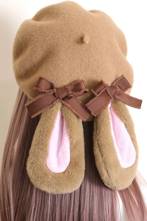 ❤︎Caramel ribbon beret❤︎
⚠Please allow 15 days for this item to be shipped. Bunny Themed Outfit, Hats Aesthetic, Diy Bunny Ears, Bunny Clothes, Easter Accessories, Cute Beret, Kawaii Hat, Bunny Hair, Fun Hats