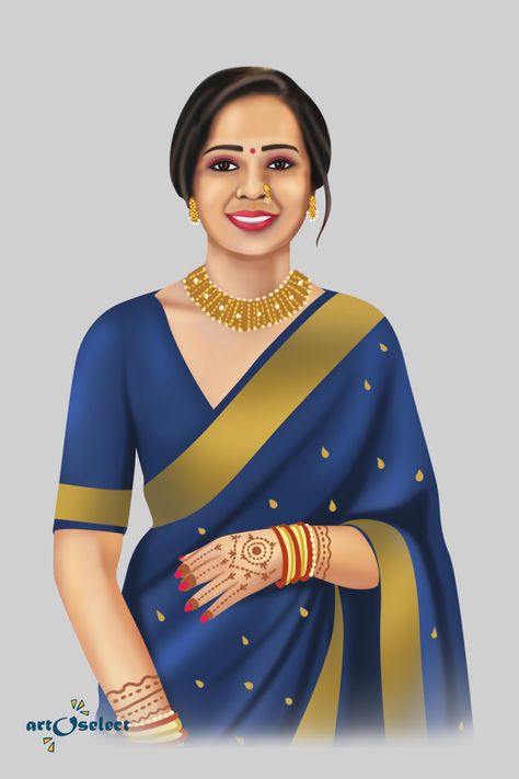 digital art Saree Caricature, Woman In Saree, Portrait Challenge, Punjabi Wedding Couple, Vector Portrait Illustration, Wedding Caricature, Drawing Pictures, Blue Saree, Punjabi Wedding