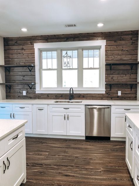 Kitchen Wall Remodel Ideas, Farmhouse Accent Wall Kitchen, Shiplap Bottom Half Wall Kitchen, Wood Walls In Kitchen, Wood Shiplap Backsplash Kitchen, Wood Wall In Kitchen, Shiplap Wall Kitchen Farmhouse, Wood Accent Wall Kitchen, Shiplap Accent Wall Kitchen