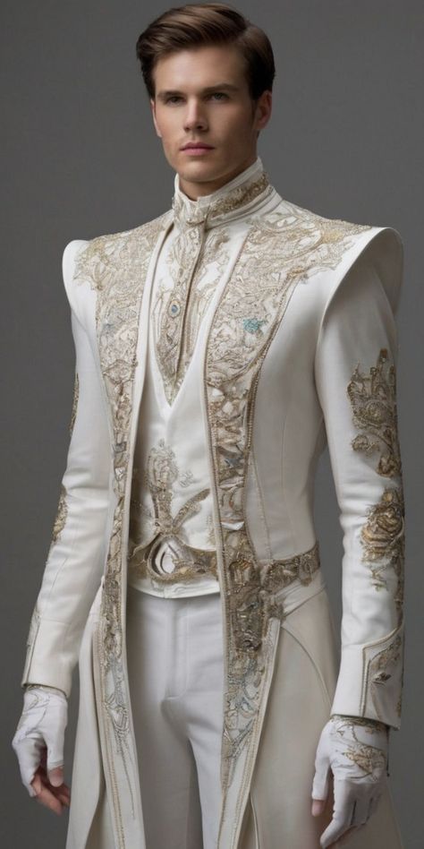 Royalty Attire For Men, Male Suit Wedding, Prince Wedding Suit Grooms, White Fantasy Outfit Male, Runway Fashion Men, Male Couture, King Outfits, Man Dress Design, Tailored Fashion