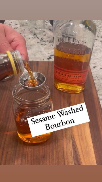 Reilly Meehan on Instagram: "Here’s how I made the sesame infused bourbon from my last post! I’d never fat washed booze before but definitely going to try more. The bourbon was left with a great mouthfeel and was so tasty! I’m thinking bacon fat washed vodka for a bloody should be my next adventure? Any suggestions? #cocktails#cocktail#cocktailrecipes#happyhour#bourbon#sesame#manhattan#recipes#cooking#mixology" Infused Bourbon, Manhattan Recipe, Bourbon Cocktails, Day Drinking, Adult Beverages, Adult Drinks, Sesame Oil, Last Post, Mixology