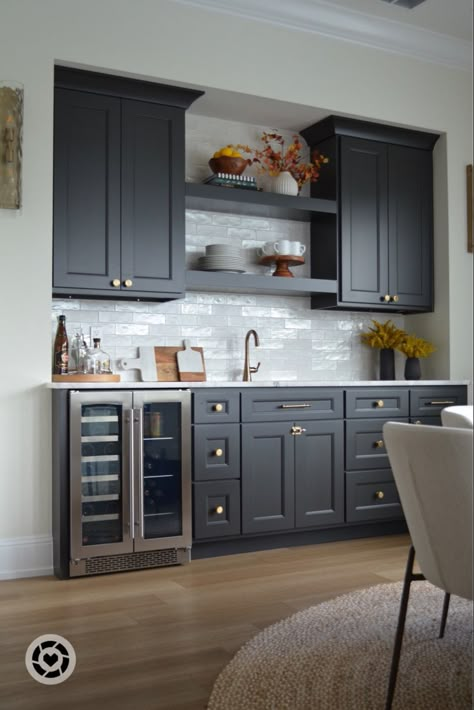 Wet bar, dry bar, home bar, coffee bar, black cabinets, interior design Black Cabinet Wet Bar Ideas, Black Cabinet Coffee Bar, Wet Bar With Black Cabinets, Wet Bar Dark Cabinets, Wet Bar With Dishwasher, Wet Bar And Coffee Station, Black Wet Bar Cabinets, Navy Blue Coffee Bar, Long Wet Bar