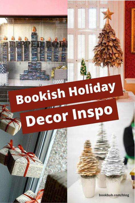 Check out this list of bookish holiday decor ideas, complete with both Christmas and Hanukkah decorations for every book lover! Christmas Book Decorations Diy, Christmas Decor Ideas In Library, Christmas Library Decorations, Library Christmas, Book Christmas Decorations, Christmas Library Displays, Library Christmas Decorations, Library Holiday Decorations, Christmas Tree Book Theme