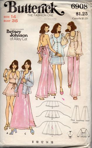 Butterick 6908; ca. 1970s; Young Designer: Betsey Johnson of Alley Cat. Misses' Eevening Smock, Top, Pants& Skirt Add a photo to the gallery by clicking the "modify" button below. 1970s Sewing Patterns, Evening Wrap, Patron Vintage, Seventies Fashion, Vintage Betsey Johnson, Vintage Dress Patterns, Alley Cat, Butterick Pattern, Butterick Sewing Pattern