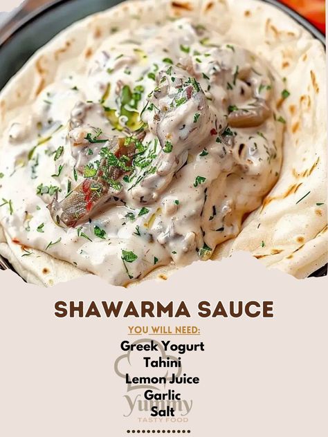 Let's make your Shawarma night extra special with this creamy and flavorful Shawarma sauce recipe. Perfect for drizzling over chicken, beef, or lamb Shawarma, or as a delicious dipping sauce for your sides. 🌯✨ Shawarma Sauce Recipe 🥣 Ingredients: Greek Yogurt (1 cup): Thick and creamy, it's the base of our sauce. 🍦 Tahini (2 tablespoons): Sesame paste that adds a nutty flavor. 🌰 Lemon Juice (2 tablespoons): For a tangy kick. 🍋 Garlic (2 cloves, minced): Adds a punch of flavor. 🧄 Salt (to tas... Shawarma Toppings, Shawarma Sauce Recipe, Lamb Shawarma Recipe, Lamb Shawarma, Shawarma Sauce, Beef Shawarma, Greek Sauce, Sesame Paste, Shawarma Recipe