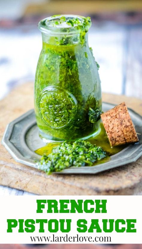 French pistou sauce is like the Provencal version of Pesto, super tasty and easy to make #pistou #provencalpistou #pistousauce #frenchpistou #homemadesauces #frenchpesto #larderlove Green Sauces, Pistou Recipe, Nut Free Pesto, French Sauces, French Recipes, Condiment Recipes, Herb Sauce, Party Dishes, Green Sauce