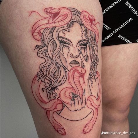 Medusa Red Tattoo, Red And Black Medusa Tattoo, Red Medusa Tattoo, Shaded Tattoos Women, Pretty Tattoos For Women Thigh Piece, Everything Is Going Wrong, Tattoos Thigh, Thigh Piece Tattoos, Medusa Tattoo Design