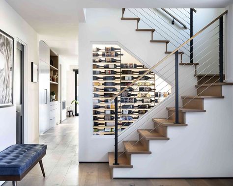 Under Stairs Wine, Under Stairs Wine Cellar, Under Stairs Pantry, Space Under Stairs, Small Bars For Home, Patterned Tile Backsplash, Wine Closet, Wine Rooms, Built In Pantry