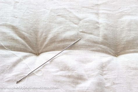 Learn how to make your own French tufted mattress cushion with this step by step tutorial from chalkingupsuccess.com. This DIY project is easier than you may think. Handmade mattress cushions can be used on window seats, daybeds, benches or simply as soft and comfy box floor pillows. #frenchtuftedmattresscushion #frenchmattress #frenchmattressdiy #daybedcushion #benchcushion #windowseatcushion #mattresscushion #mattresscushiontutorial How To Sew A Tufted Cushion, Diy French Mattress Cushion Tutorials, French Tufted Cushion Diy, Tufted Pillow Diy, Sofa Pad Diy, Diy French Mattress, French Tufted Mattress, Couch Foam, Tufted Mattress