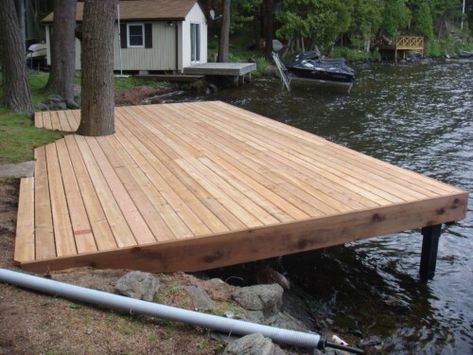 Lake Docks Designs, Floating Dock Plans, Lake Landscaping, Concrete And Wood, Lake Dock, Lake Time, Deck Designs, Cottage Inspiration, Weekend House