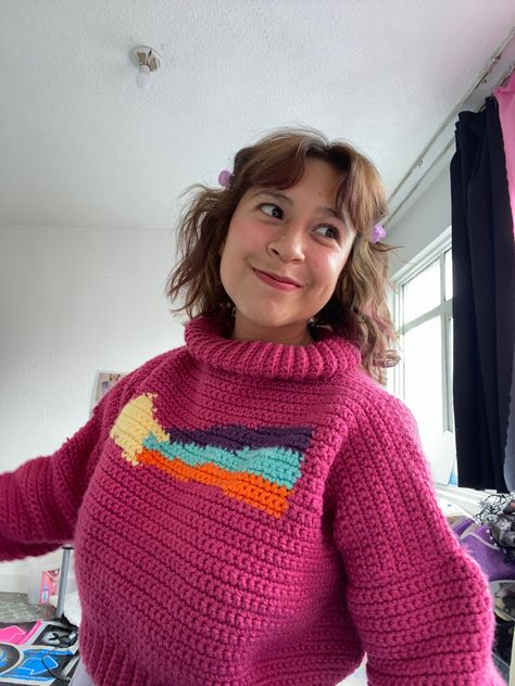 Mabel Pines Crochet Sweater, Crochet Gravity Falls Sweater, Mabel Crochet Sweater, Crochet Mabel Sweater, Gravity Falls Crochet, Mabel Sweater, Fall Crochet Projects, Mario Crochet, Crochet Pullover