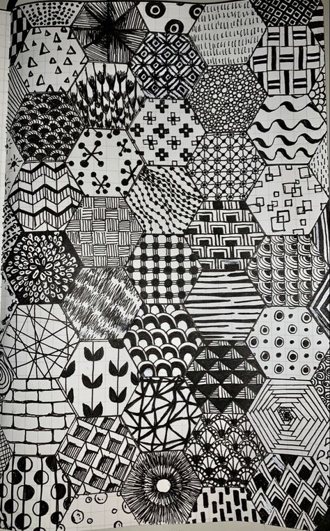 Hexagon Doodle, Hexagon Zentangle, Hexagon Drawing, Collaborative Artwork, Natural Form Art, Line Doodles, Zen Doodle Patterns, Texture Drawing, Zen Tangle