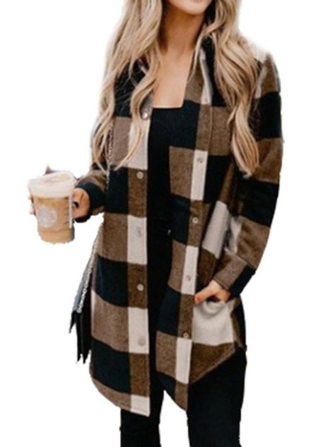 Loose Long Sleeve Single-Breasted Regular Women's Jacket Plaid Print Coat, Plaid Shirt Women, Straight Clothes, Plaid Shirts, Plaid Coat, Mini Robes, Long Sleeve Plaid Shirt, Print Coat, Long Sleeves Coats