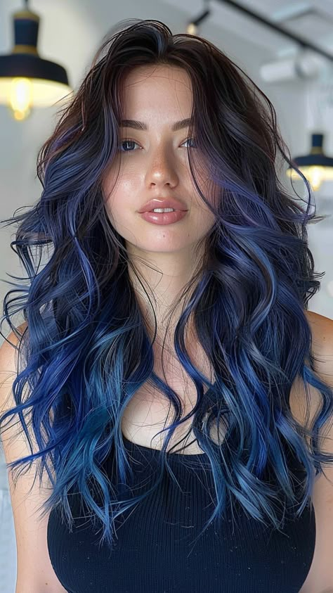 26 Majestic Hair Color Ideas Fit for Royalty Dyed Hair Looks For Brunettes, Blue Dye Over Brown Hair, Balayage Blue Hair Brunettes, Colourful Balayage Hair, Brunette Blue Balayage, Blue Face Framing Highlights, Colored Brunette Hair, Dark Blue Hair Styles, Fun Color Balayage Hair