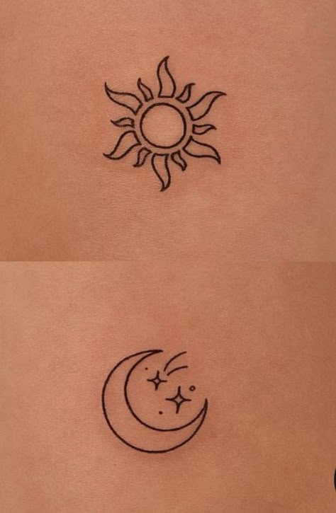 Sun Moon And Stars Tattoo For Sisters, Moon Sun Tattoo Couple, Sunshine And Moon Matching Tattoo, Sun Moon Vertical Tattoo, Single Line Sun And Moon Tattoo, Letter S Tattoo, Small Best Friend Tattoos, Matching Sister Tattoos, Matching Couple Tattoos