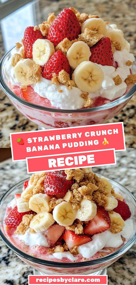 Try this Creamy Strawberry Crunch Banana Pudding! Layers of banana, pudding, and a strawberry crunch topping make this dessert irresistible. 🍓🍌

Ingredients:

1 cup vanilla wafer cookies
3 tbsp melted butter
1 cup fresh strawberries
Top with whipped cream and extra strawberry crunch for a sweet finish! Strawberry Banana Crunch Pudding, Strawberry Banana Pudding Cups, Red Velvet Banana Pudding Recipe, Strawberry Shortcake Banana Pudding, Banana Pudding With Strawberries, Strawberry Banana Pudding Recipes, Strawberry Cheesecake Banana Pudding, Banana Strawberry Pudding, Strawberry Banana Pie