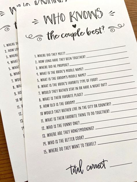 "★ Printable PDF files for this Who Knows the Couple Best Bridal Shower Game ★ YOU WILL RECEIVE Two (2) ready-to-print digital files. This game comes in 2 different sizes: * One game card page (8.5\"x11\") US Letter size. Prints one per page * Two game cards page (5.5\"x8.5\" each) in a US Letter size. Prints two per page HOW TO ORDER * add to cart and checkout * The files will be available for download a few minutes after your purchase is complete. Go to \"Your Account\" at the top right of you Best Bridal Shower Games, Who Knows The Couple Best, Shower Games Bridal, Bridal Shower Inspo, Simple Bridal Shower, Wedding Game, Fun Bridal Shower Games, Couple Wedding Shower, Bridal Shower Planning