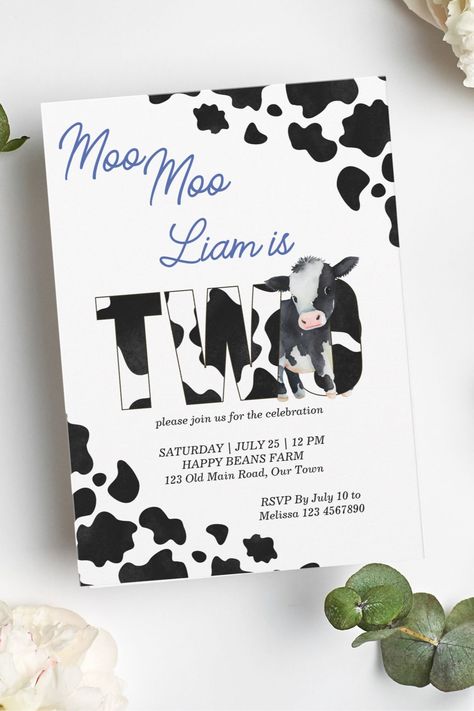 Moo moo cow black and blue cute cow birthday party invitation template instant download Moo Moo I'm Two Birthday, Cow Themed Party, Invitation Design Birthday, Cute Birthday Invitations, Cow Birthday Party, 1st Year Birthday, Second Birthday Boys, Birthday Party Blue, Picture Invitations