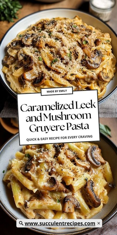 This Caramelized Leek and Mushroom Gruyere Pasta is creamy, savory, and packed with flavor. A perfect dinner idea for cozy nights at home! Gruyere Pasta, Mushroom Gruyere, Mushroom Recipes Pasta, Leek Recipes, Creamed Leeks, Creamy Pasta Recipes, Diy Snacks, Mushroom Pasta, Perfect Dinner