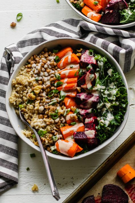 Roasted Carrot, Beet, & Lentil Macro Bowl with Oil-Free Maple Tahini Macro Bowls, Macro Bowl, Tahini Recipe, Roasted Carrot, Lemon Tahini Dressing, Veggie Bowl, Tahini Dressing, Roasted Beets, Roasted Carrots