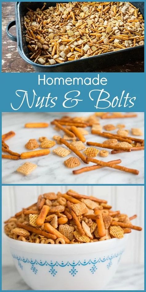 Classic Homemade Nuts and Bolts Recipe | The Kitchen Magpie Recipe For Nuts And Bolts, Bits And Bites Recipe, Nuts And Bolts Recipe, Paleo Snack, Chex Mix Recipes, Snack Mix Recipes, Chex Mix, Salty Snacks, Homemade Snacks