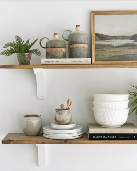 Kitchen Dining Room Shelf Decor, How To Style Open Shelving In Kitchen, Art On Kitchen Shelves, Art In Kitchen Modern, Open Shelf Farmhouse Kitchen, Modern Open Shelf Decor, Open Bottom Shelves Kitchen, Open Shelve Decor Kitchen, Kitchen Open Shelving Decor Modern