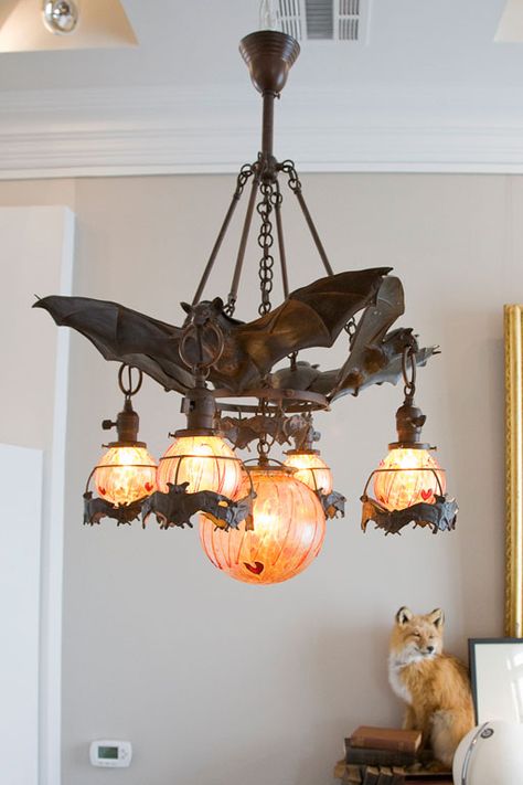 Austrian Bronze Bat Chandelier with Glass Orbs | From a unique collection of antique and modern chandeliers and pendants at https://www.1stdibs.com/furniture/lighting/chandeliers-pendant-lights/ Bat Chandelier, Styl Goth, Gothic Chandelier, Gothic Furniture, Goth Home, Goth Home Decor, Dark Home, Goth Decor, Gothic Decor