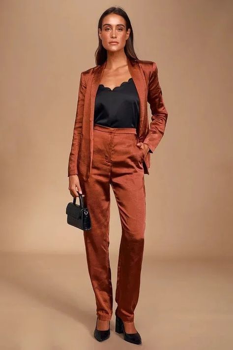 Très Chic Rust Brown Satin Blazer & Rust Brown Trousers | Petite Looloo Rust Womens Suit, Rust Brown Outfit, Speaking Engagement, Trendy Blazers, Chelsea Wedding, Satin Suit, Brown Trousers, Satin Trousers, Satin Blazer