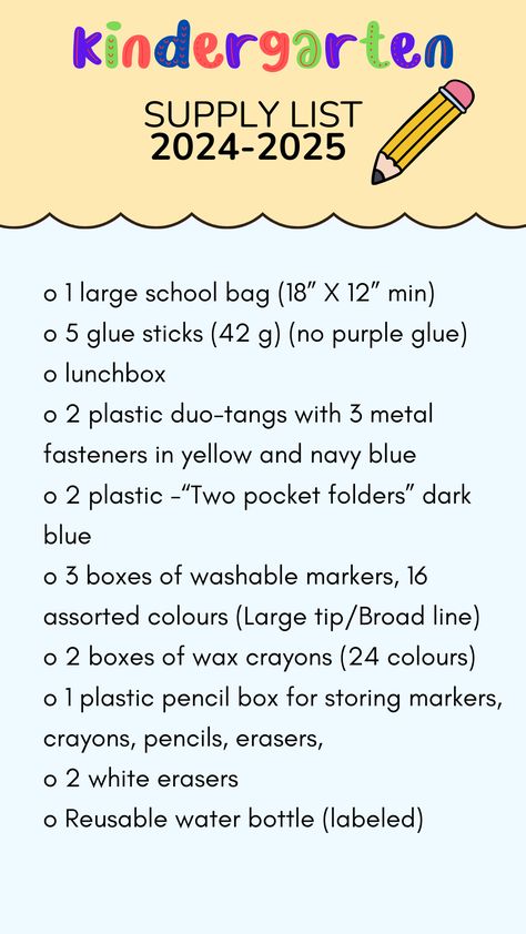 Get your little one ready for their first big adventure with our ultimate kindergarten school supply list! From colorful crayons and sturdy backpacks to fun lunchboxes, we’ve got all the essentials covered. Make their transition smooth and exciting with supplies that combine practicality with a splash of creativity. Whether you’re shopping for the basics or adding some extra flair, these must-haves will ensure your kindergartener is prepared, confident, and ready to shine on their first day Kindergarten School Supply List, Kindergarten Supply List, Kindergarten School Supplies, School Supply List, Plastic Pencil Box, Homeschool Field Trips, School Supplies List, Pocket Folders, Wax Crayons