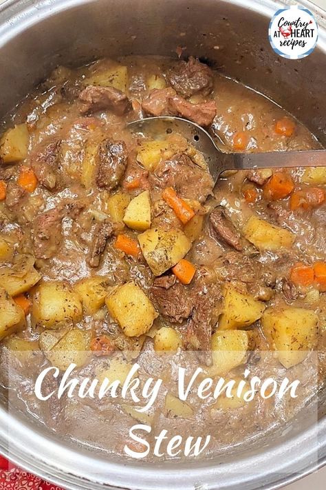 My husband likes to hunt deer and elk in the fall. This Chunky Venison Stew is a wonderful way to use some of the processed meat. There is nothing quite like having meat simmer on your kitchen stove. It smells so good. Meat that simmers for hours and turns so tender that it falls apart in your fork. #chunkyvenisonstew #venisonmeat #stew #soup #comfortfood #countryatheartrecipes https://countryatheartrecipes.com/2014/09/chunky-venison-stew/ Deer Steak Stew, Venison Butterfly Steaks Recipes, Deer Stew Recipes, Venison Crockpot Recipes, Deer Heart Recipes, Stew Meat Recipes Stove Top, Venison Stew Crockpot, Deer Stew, Venison Stroganoff