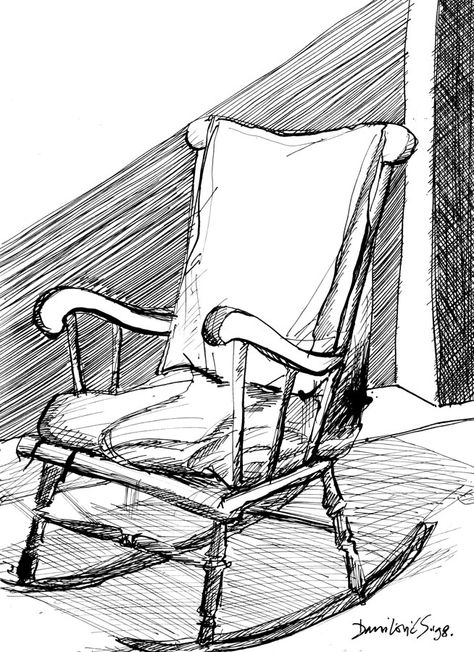 Rocking chair, ink, 1998. Rocking Chair Art, Chair Drawing Simple, Chair Illustration Drawing, Chair Drawing Sketches, Rocking Chair Drawing, Rocking Chair Illustration, Chair Sketch, Easy Hair Drawings, Antique Rocking Chair