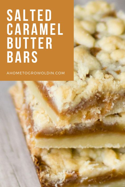 An easy dessert made from scratch, this ooey gooey Salted Caramel Butter Bars recipe is a delicious blend of salty and sweet that is a great party idea. #ahometogrowoldin #dessertbars #baking Disney Caramel Butter Bars, Salted Caramel Butter Bars, Caramel Butter Bars, Salted Caramel Desserts, Butter Bars Recipe, Easy Dessert Idea, Salty Desserts, Salted Caramel Bars, Caramel Butter