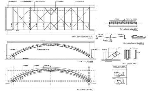 DWG 2D AutoCAD Drawing of the curved steel truss metallic structure project plan drawing details is given. Download the AutoCAD 2D DWG file. Steel Roof Structure, Space Truss, 2d Autocad Drawing, Truss Design, Garden Rack, Electrical Cad, Roof Truss Design, Truss Structure, Drawing Details