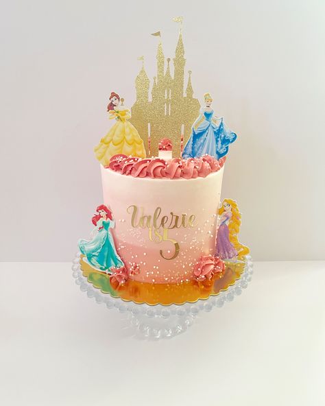 6” (extra layered for height) pink ombre frosted cake + pink pipework + sprinkles + Etsy topper set Princess Cake Disney, Frosted Cake, Disney Princess Cake, Mini Cakes Birthday, Sprinkle Cake, Disney Princess Party, Birthday Princess, Pretty Birthday Cakes, Princess Cake