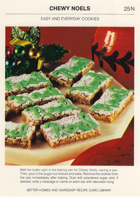 Chewy Noels | Vintage Recipe Cards Vintage Recipe Cards, Decorator Icing, Christmas Brunch, Garden Recipes, Retro Recipes, Baking Pan, Christmas Vintage, Vintage Recipes, Holiday Treats