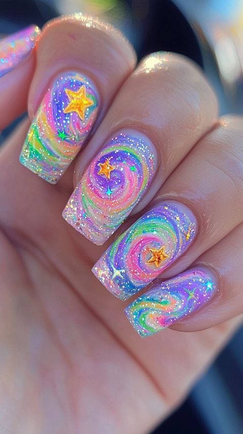 Multicolored Nail Designs, 80 Nails 80's, Lisa Frank Nail Designs, Lisa Frank Nails Acrylic, Trolls Nails, Carnival Nails Designs, Hippie Nail Designs, Trippy Nail Designs, Lisa Frank Nails