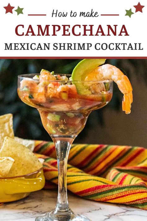 Give this Mexican version a try. Campechana is a Traditional Mexican Shrimp Cocktail appetizer. Imagine Imagine a brothy tomato based citrus salsa, swimming with plump tender shrimp, creamy avocado, crunchy with celery and cucumber, and some spicy peppers. Let's throw in some briny olives for an extra kick. That describes this fresh Mexican seafood cocktail, and a recipe you'll want to serve all Summer long. Shrimp Cocktail Appetizers, Mexican Shrimp Cocktail Recipe, Citrus Salsa, Cocktail Appetizer, Mexican Shrimp Cocktail, Cocktail Shrimp Recipes, Mexican Seafood, Mexican Shrimp, Impressive Appetizers