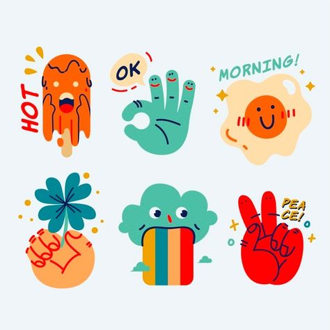 Funny Branding, Cute Vector Illustration, Stickers Illustration, Sticker Illustration, Adobe Illustrator Vector, Tag Sticker, Hand Gestures, Illustration Simple, Illustrations Design