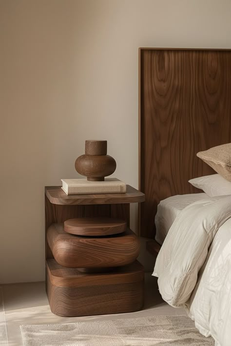 Japandi Bed Side Table, Japandi Design Bedroom, Nightstand Japandi, Japandi Interiors Apartment, Japandi Furniture Design, Switzerland Apartment, Japandi Nightstand, Organic Bedroom Design, Minimal Bedside Table